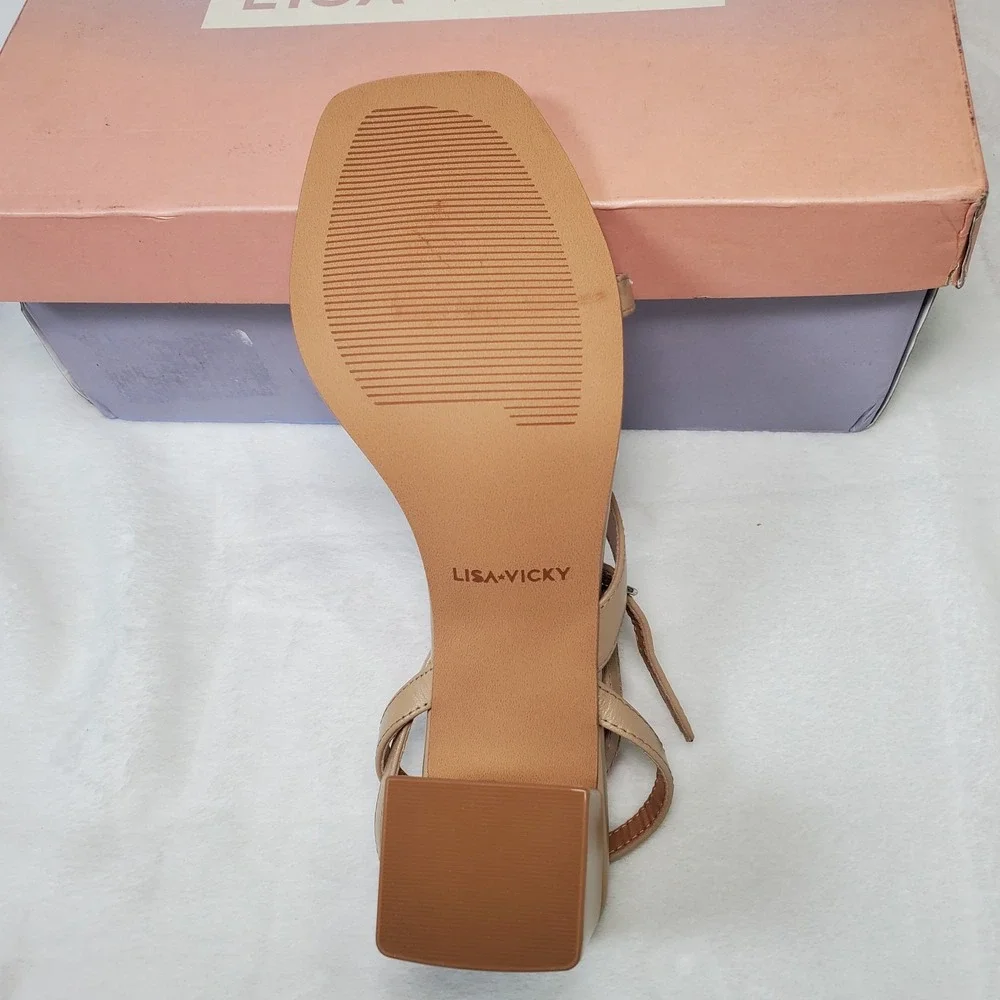 Lisa Vicky Tan Camel Sheep Sandals NIB Size 7.5 Formal Strappy Block Heel $99
